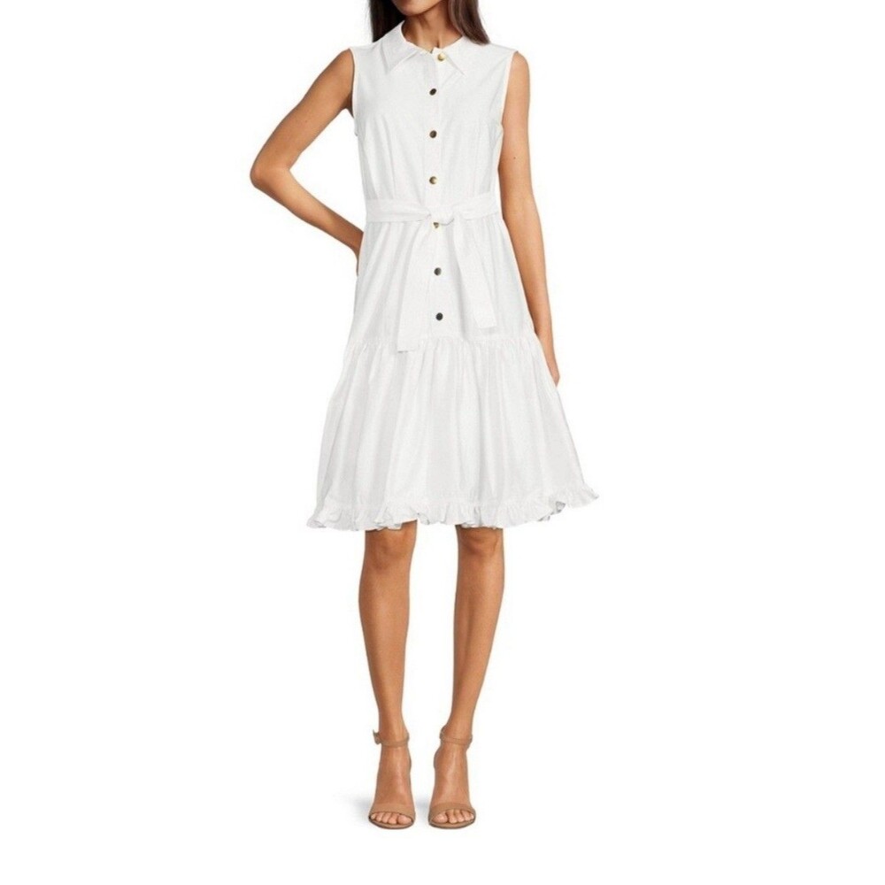 Calvin Klein Women’s White Sleeveless Shirt Dress Sz 8 Belted Button Front Hem